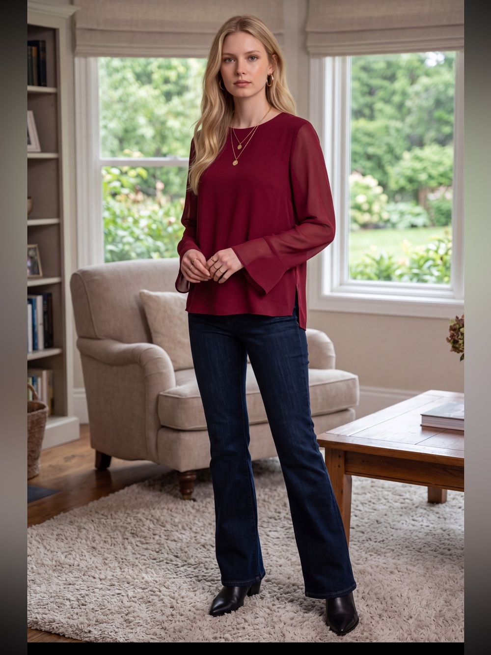 Jade Melody Tan Blouse Long Sleeves in vibrant Crimson Red
